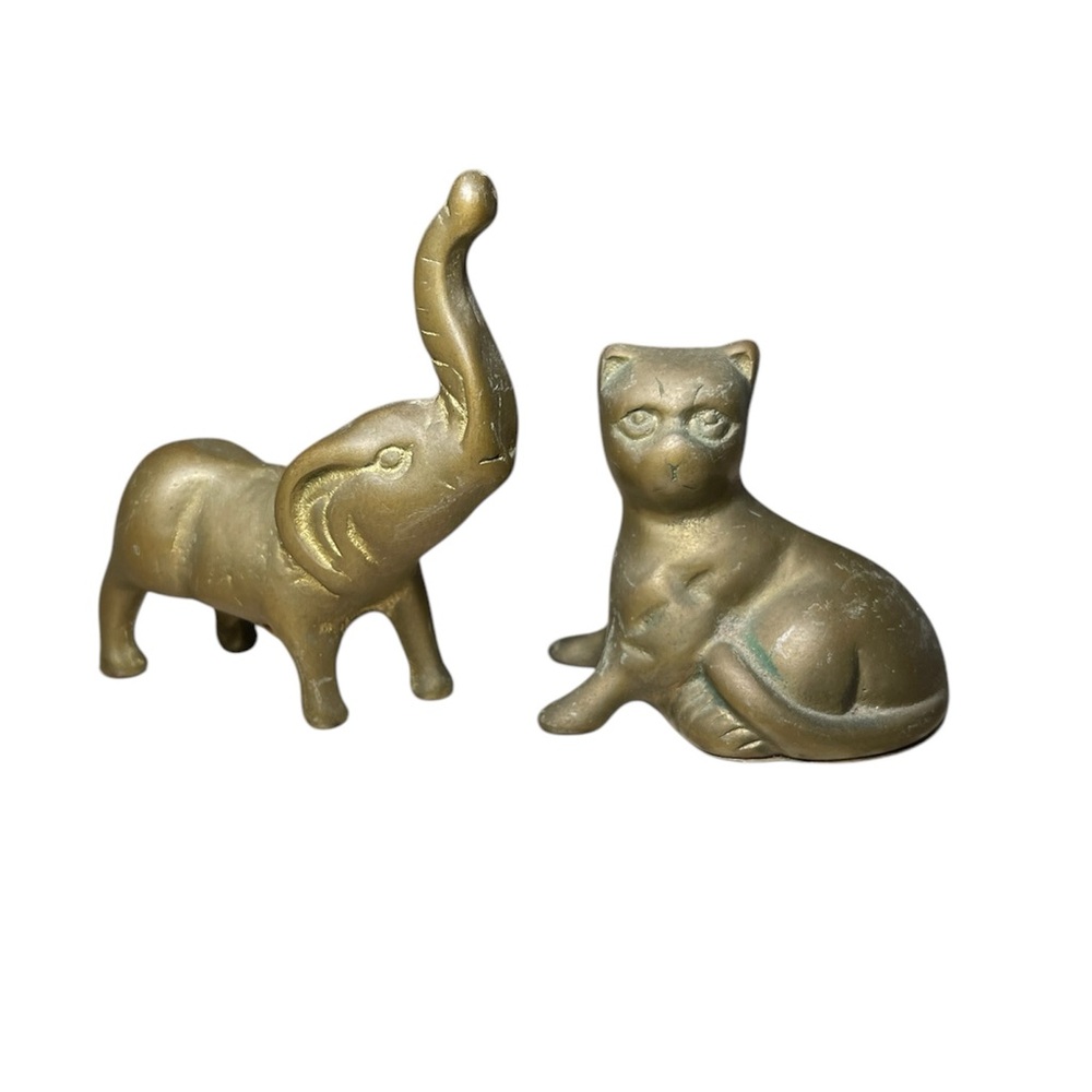 Vintage brass cat and elephant figurine set
